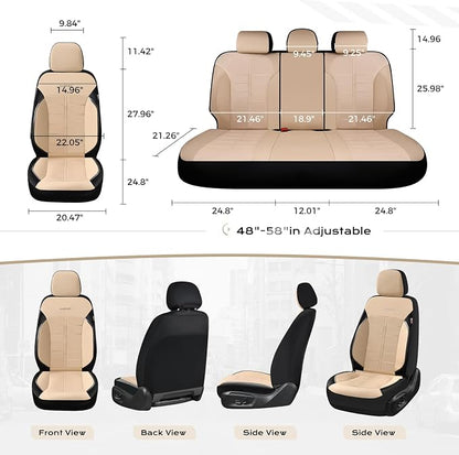 Coverado Full Set Leather Car Seat Covers, Crafted with Full Leather Construction and Carbon Fibre Weave Universal Fit for Most Cars SUV Trucks(Beige