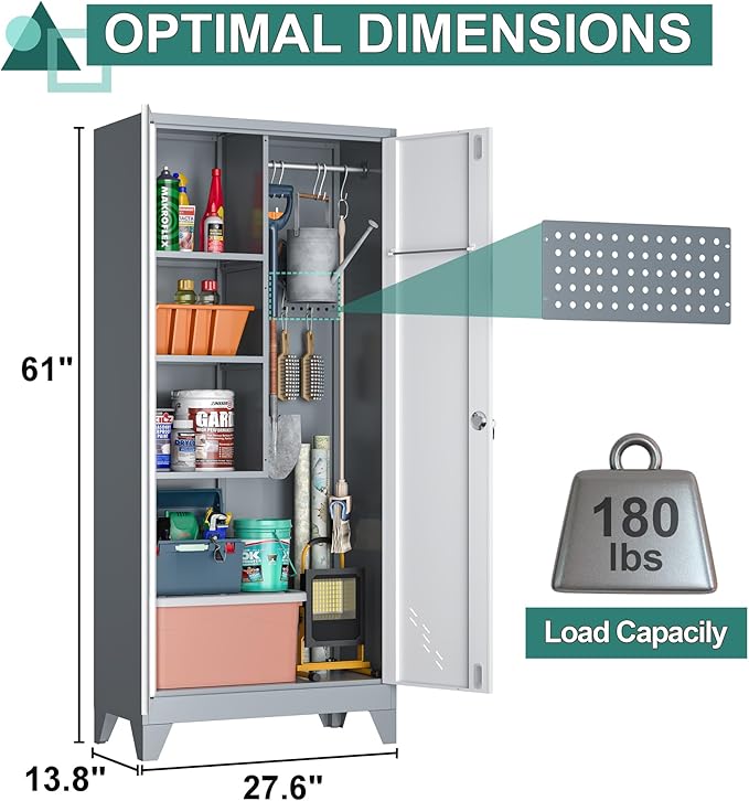 Metal Storage Cabinet with Locking Doors, Broom Closet/Freestanding Bathroom