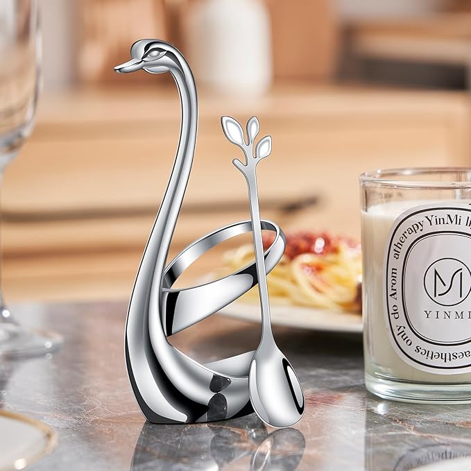AnSaw Silver Small Coffee Spoon Holder Set, Swan Base