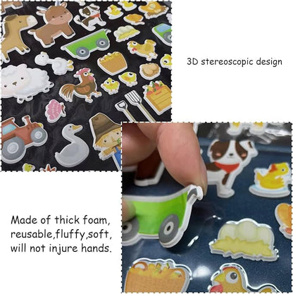 3D Farm Animals Puffy Sticker Book for Kids Window Thick Gel Clings Decals Stickers 100 Pcs Removable and Reusable Toys Gifts for Toddlers Home Car Classroom Nursery Farm Party Supplies Decorations