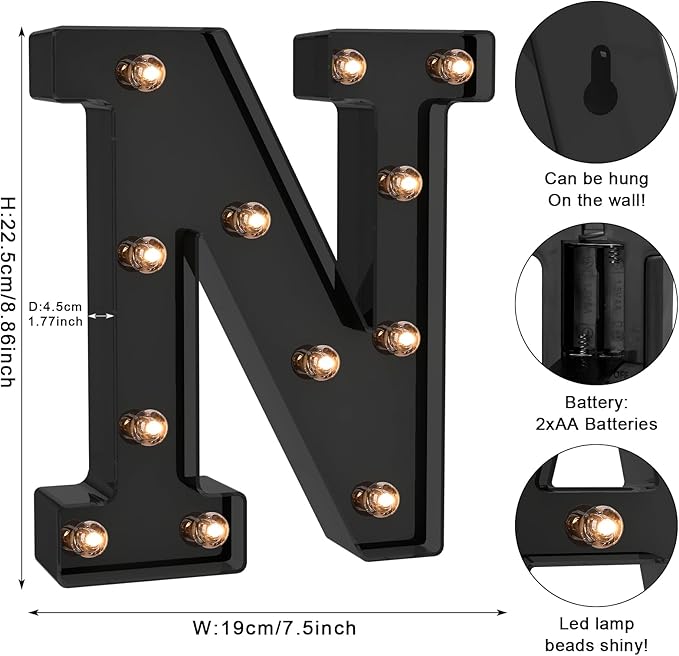 Foaky Black LED Letter Lights for Room Decor - Bedroom Wall Decor, Alphabet Lights for Home, Wedding, Party - Battery Operated （N）