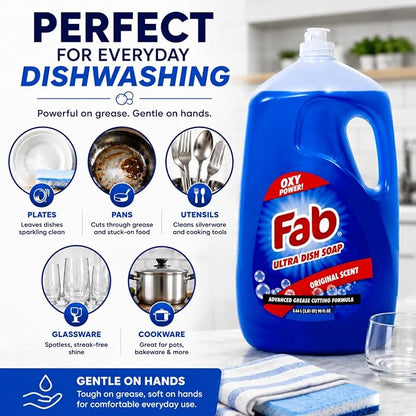 La's Totally Awesome Fab Liquid Dish Soap, Original Scent, 90 fl oz (Pack of 2) | Powerful Grease-Cutting Dishwashing Liquid, Gentle on Hands, Dish Detergent for Pots, Pans, Glassware & Cookware