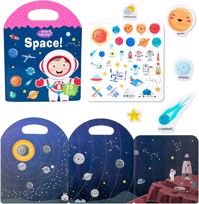 Portable Jelly Sticker Quiet Book for Toddlers, Montessori Busy Book, Preschool Learning Activities Travel Toys (Space)