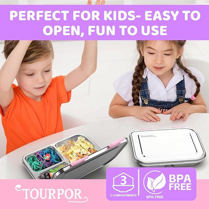Stainless Steel Lunch Box 1000ml - 3 Compartment Bento Box for Kids & Adults, Leakproof Food Container, BPA-Free Metal Lunch Box with Silicone Seal, Eco-Friendly/Dishwasher Safe (Pink)