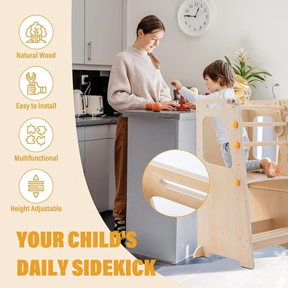 Toddler Standing Tower, 4 in 1 Kitchen Stool Helper with Whiteboard, Kids Step Stool with Convertible Table and Chair, Toddler Helper Tower with Adjustable Height for Counter,Sink