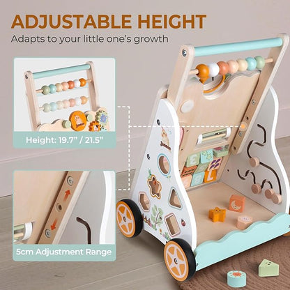 Baby Push Walker, Wooden Baby Walker with Wheels, Montessori Activity Center for 1 Year Old Boys Girls, Adjustable Speed & Height Push Toy for Toddlers, Educational Gift for Ages 1+ Kids Development