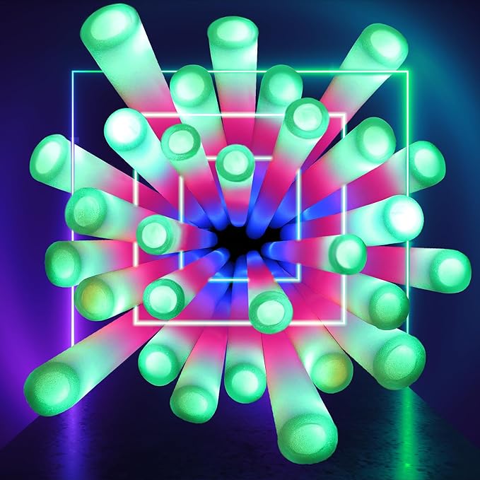 100 Pcs 18.5 inch Foam Glow Sticks Bulk, 4 Color LED Light Foam Sticks, Glow In The Dark Party Supplies, 3 Modes Colorful Flashing for Birthday Wedding Easter Halloween Christmas