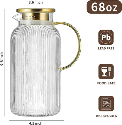 Buaic Glass Pitcher with Lid, 68 oz/2 Liter Classic Vertical Stripes Water