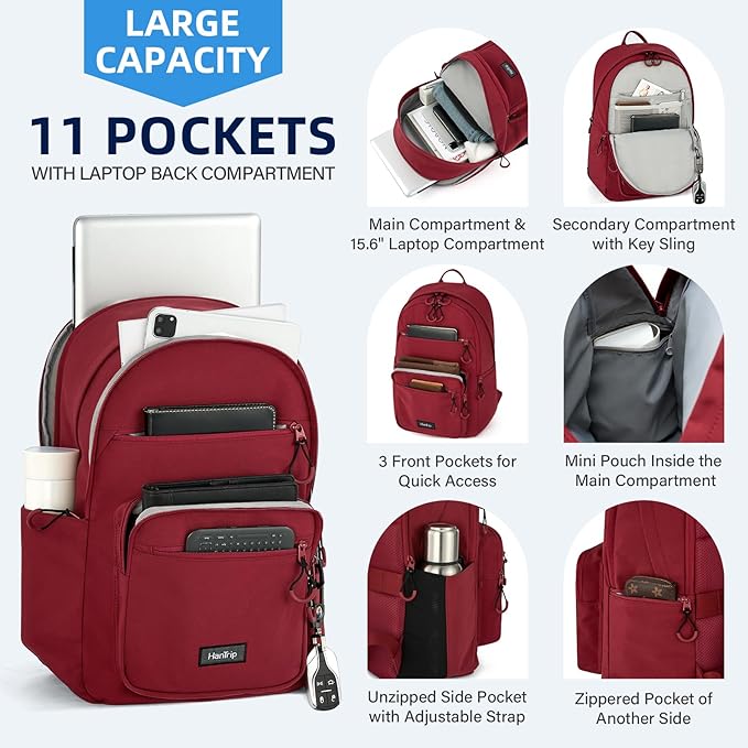 Carry On Travel Backpack For Women, 18 Inch Water Resistant Large Backpack Lightweight Bookbag For Men, 8x14x18 Personal Item Bag Casual Daypack Backpacks For Work Office Commuter (Burgundy)