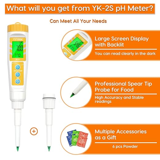 YINMIK Food pH Meter with Extra pH Replaceable Probe,Digital pH Tester for Sourdough and Bread,Food pH Tester for Meat,Canning,Cheese,Solid Samples, Soft Soil and Water…