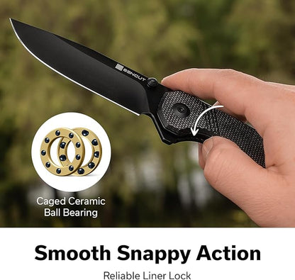 SENCUT Aetheris Pocket Knife, EDC Folding Knife with 3.68'' 9Cr18MoV Blade & Canvas Micarta Handle, Reversible Clip for Camping Hiking S24095-3(Black)
