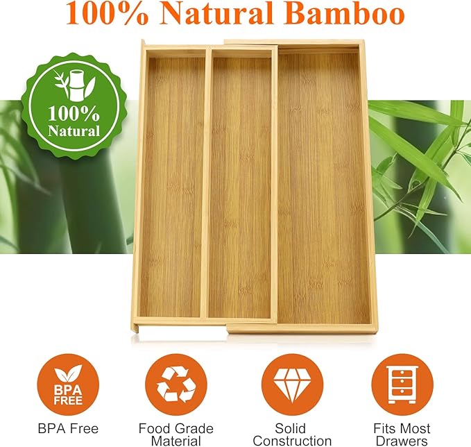 Large Bamboo Silverware Drawer Organizer Tray Kitchen Tool Drawer Divider
