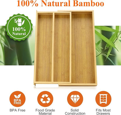 Large Bamboo Silverware Drawer Organizer Tray Kitchen Tool Drawer Divider