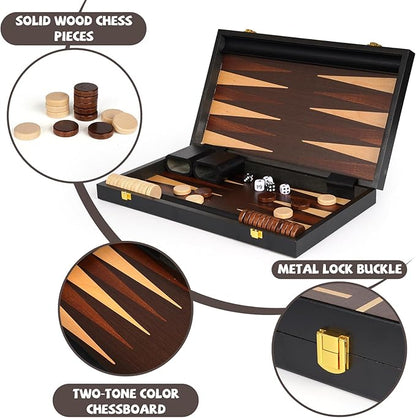 15" Wooden Backgammon Board Game Set for Adults and Kids - Portable and Travel Backgammon Set Family Game Night Vintage Backgammon Strategy Game- Classic Board Strategy Game