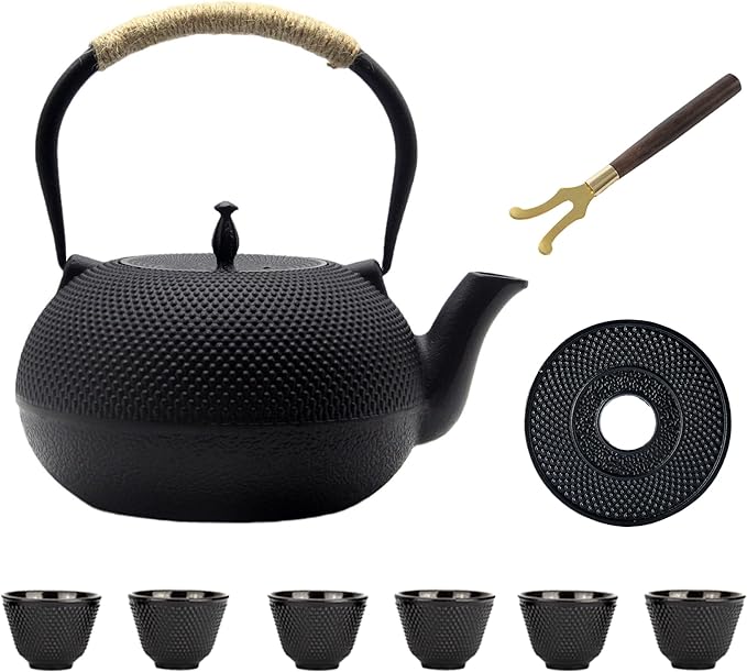 Big Cast Iron Teapot Set with Cups, Japanese Tetsubin Tea Kettle for Stovetop Safe, Cast Iron Tea Set with Tea Strainer for Loose Tea and Enameled Interior (1800ml Teapot Set with Cups)