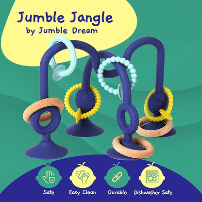 Jumble Jangle Baby Teething Toys – BPA-Free, Multi Purpose High Chair Toys for Babies: Suction Teething Relief with Sensory Toy Textures for Infants and Toddlers 0–24+ Months (Dark)