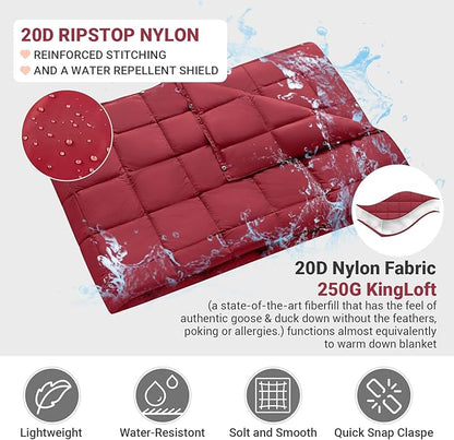 KingCamp Ultralight Camping Blanket, Packable Down Alternative Puffy Wearable Blankets Weatherproof Warm Package Quilt with Snap Buttons for Outdoor Hiking Travel, Picnic Stadium, (69" x 53" Crimson)