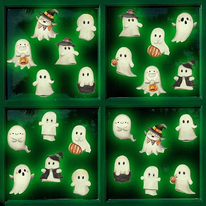 Glow in The Dark Halloween Ghost Window Clings Green Luminous Ghost Window Decals for Halloween Party Decorations Home School Glass