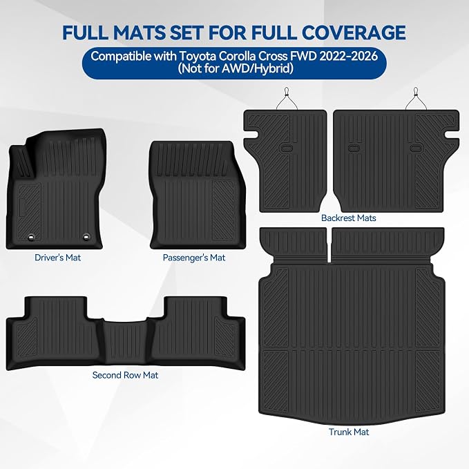 Custom Fit Floor Mats for Toyota Corolla Cross FWD 2022-2026 (Not for AWD/Hybrid), All Weather TPE Floor Liners with Trunk Mat & Backrest Protectors, Odorless Full Set Interior Accessories