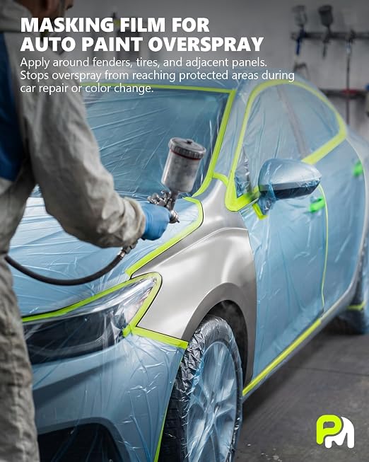 Pre-Taped Masking Film for Painting(6 Rolls) - 22" x 66'Painters Plastic Sheeting with Tape and Drape, Painters Drop Cloth for Automotive & Home, Cover for Walls/Floors/Windows/Cars Protection