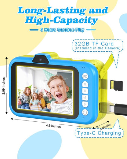 Kids Camera, 48MP 1080P Digital Camera for Kids with 3.5 Inch Big Screen, 10X Zoom, Selfie & Video, 32GB SD Card, 1200mAh Battery, Christmas Birthday Gifts for Boys Girls Ages 3-12 (Blue)