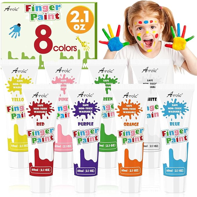 AROIC Non-Toxic Finger Paint Set for Kids & Toddlers-Vibrant Washable 8 Colors (60ml),Creative Art Gift for Boys Girls,Hand Painting Art Supplies for DIY Crafts & Early Education