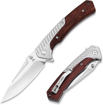 FLISSA Pocket Knife with 3.35" 14C28N Steel Blade, Liner Lock Folding Knife with Wood Handle for EDC, Camping, Hiking, Outdoor Activities, Gift for Men and Women