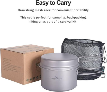 iBasingo Backpacking Cookset Titanium Camping Pots Set Ultralight Outdoor Picnic Pots Pans with Folding Handle Druable Portable Cooking Mess Kit Compact Picnic Dishes Bowls Cups (Multiple Sizes)
