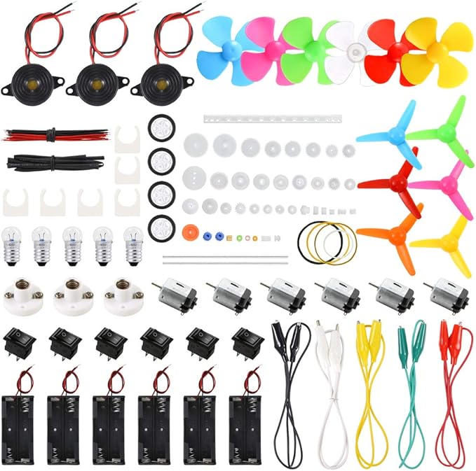 Sntieecr 6 Set 131 PCS DC Motors Kit, Mini Electric Motor 1.5-3V 15000RPM with 66 PCS Plastic Gears, Shaft Propeller, Bulbs, Buzzer Sounder, Science Experiment Set for Kid DIY STEM Engineering Project