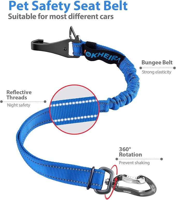 IOKHEIRA Dog Seatbelt - Adjustable Reflective Bungee Car Seatbelt with Aluminum Swivel Carabiner