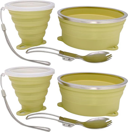 Mess Kit for Camping Silicone Collapsible Bowl Collapsible Cup and Stainless Steel Spoon for Backpacking Outdoor Hiking Traveling and Picnic - 2 Pack