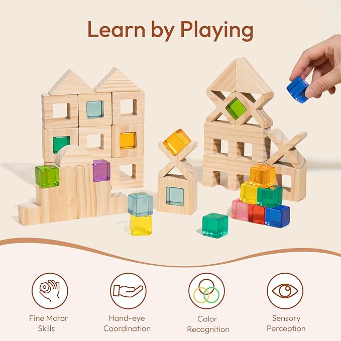 Woodtoe Wooden Rainbow Building Blocks Set for Kids, 22 PCS Wooden Blocks & 25 PCS Gem Cubes Stacking Blocks, Montessori Stacking Toys for Toddlers, Educational STEM Easter Toys for Boys Girls 3-6
