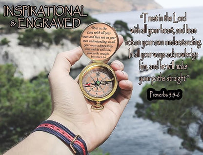 Trust in The Lord With All Your Heart - Proverbs 3:5-6 Quote Engraved Compass With Wooden Box, Greeting Card, Gift Compass, Graduation Day Gifts 2024 for Women Men Boys Girls