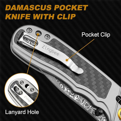 Damascus Pocket Knife for Men Women, 3.15" Damascus Steel Blade Pocket Knives & Folding Knives with Carbon Fiber Overlay Handle