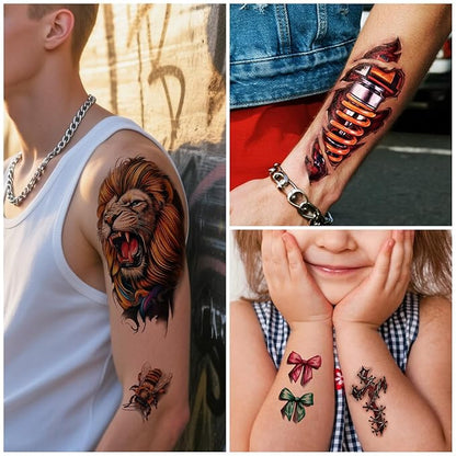 77 Sheets 3D Realistic Temporary Tattoos Adults Kids, Spider Skull Tiger Lion Dragon Snake Temporary Tattoos for Women Men, Half Arm 3D Halloween Temp Tattoos Body Shoulder Tatoos Waterproof