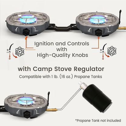20,000 BTUs 2 Burner Propane Camping Stove, Portable Folding Camp Stove with Adjustable Burners, Built-in Ignition and Carrying Bag, Dual Gas Stoves for Tailgating, Camping, BBQ Overland Grey