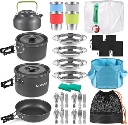 Lixada 33PCS Camping Cookware Kit Cookware Mess Kit Outdoor Cooking Utensils Kit with Tableware Collapsible Bowl Pan for Family Hiking Travel Picnic Fork