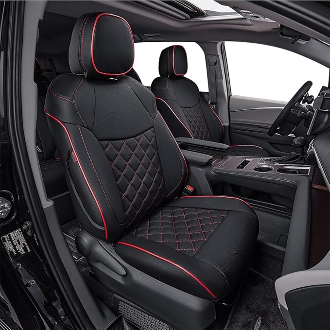 EKR Sienna Seat Covers for 2021-2026 Toyota Sienna XLE,XSE,Limited,Platinum,7 Seats,2nd Row Captain Chairs W/NO Legrest,Leather Seat Covers Full Set(Black with Red Piping)