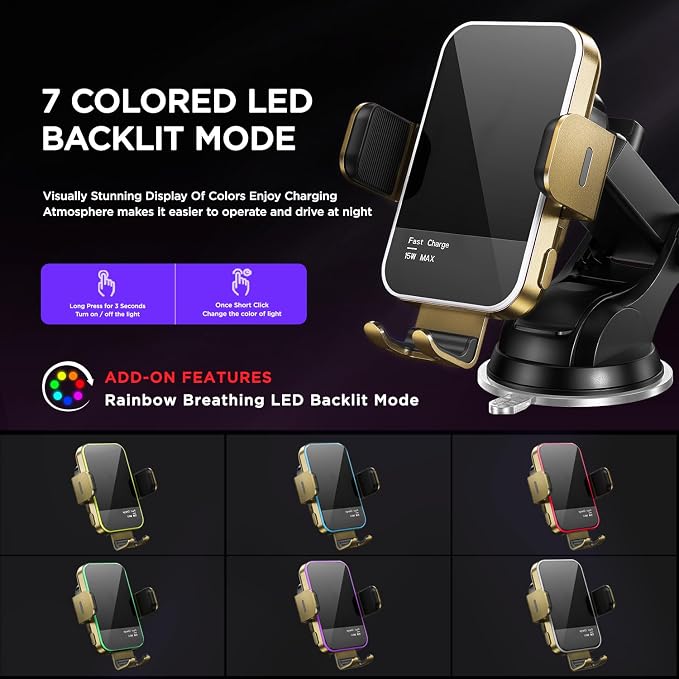 Wireless Car Charger,【7 Colored RGB Backlit】 15W Auto Clamping Phone Holders for Your Car for iPhone 16 15 14 13 12 Mini Pro Max 11 XR XS X, Samsung Galaxy S24 Ultra S23 S22 S21+ Note 20, etc - Gold