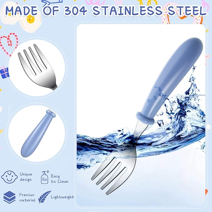 Chumia 9 Pieces Stainless Steel Toddler Forks, Kids Safe Utensils Set Baby Kids Self Feeding Training Cutlery with Round Handle, Stainless Steel Metal Flatware for Children Boys Girls, Dishwasher Safe