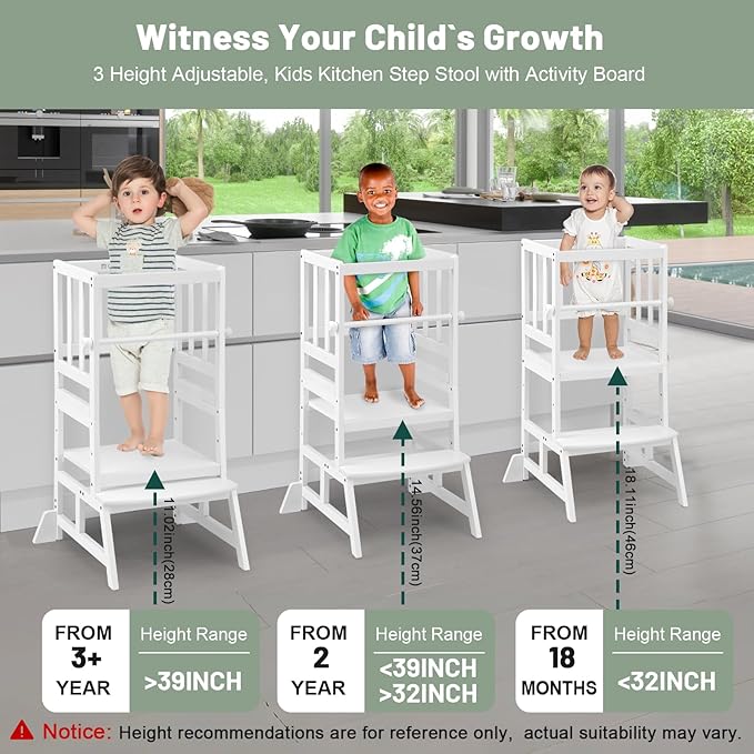 COSYLAND Kids Kitchen Step Stool, Height Adjustable Toddler Standing Tower Nursery Helper with CPC & FSC Certification, Removable Safety Railing Enjoys Exclusive Paten，White