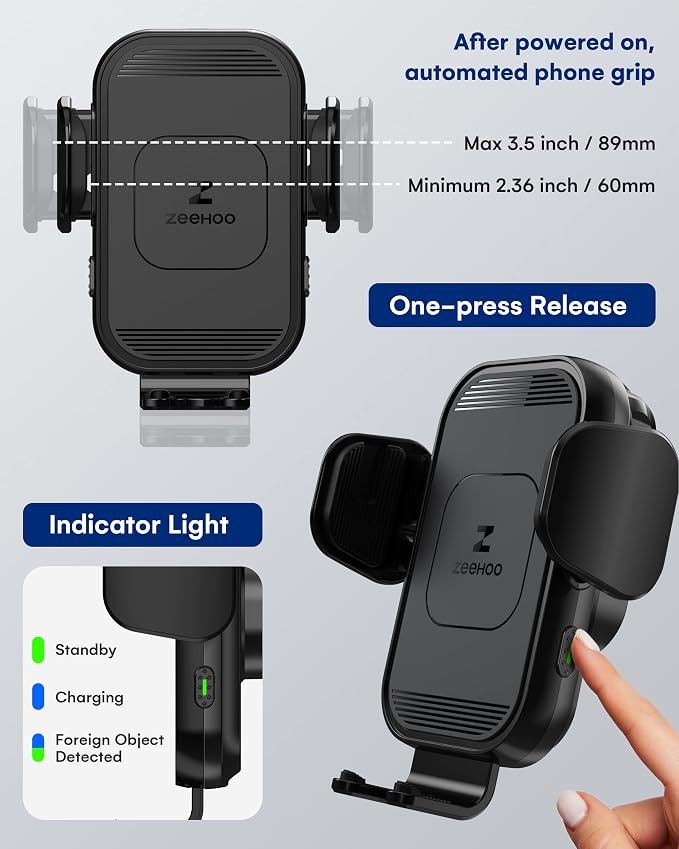 ZeeHoo Wireless Car Charger, 15w Fast Charging, Auto Clamping Car Phone Mount, Cell Phone Holder Charger, for iphone17 16 15 14 13 12 11 Pro Max Xs, Etc. (Black)