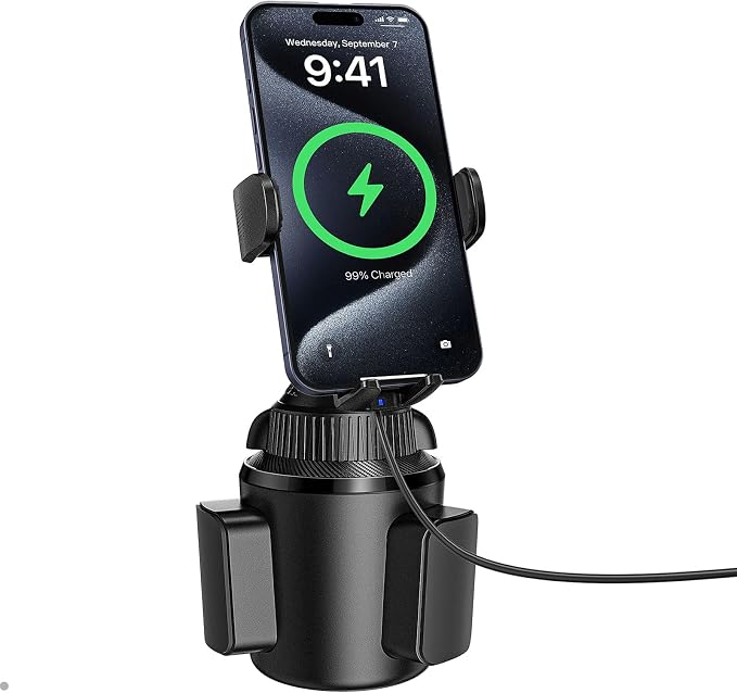 APPS2Car 15W Qi Wireless Car Charger Solid Cup Holder Mount, Adjustable Long Arm & 360° Rotation, Fits 3"–4" Round Cup Holders, Works with Cases ≤ 4 mm (No Metal Attachments)