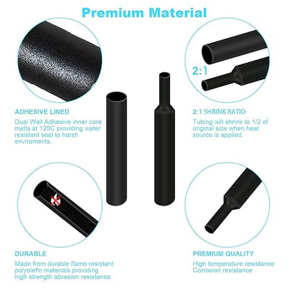 900Pcs Wire Heat Shrink Tubing Kit, Industrial Heat-Shrink Tubing for Wires, 2:1 Marine Grade Heat Shrink Wrap, Premium Large Electrical Waterproof Heat Shrink Tape (Black 12 Sizes) DHOOZ
