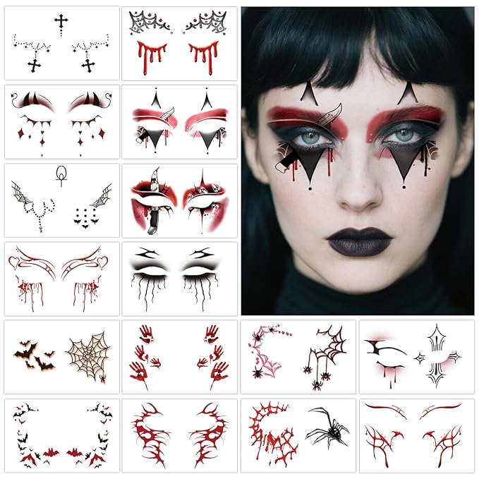 Halloween Bloody Eyeliner Temporary Tattoos for Adults, 16 Pairs Blood Red Eyes Fake Tattoos, Gothic Spooky Designs with Spiders Web, Bats, Skulls, Bloody palm
