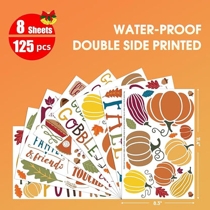 Horaldaily 125 PCS Fall Window Cling Sticker, Thanksgiving Autumn Harvest Colorful Leaf Pumpkin Turkey for Home Party Supplies Shop Window Glass Display Decoration