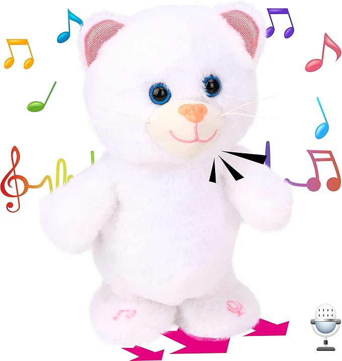 Hopearl Talking Kitty Singing Cat Repeats What You Say Walking Electric Interactive Animated Toy Speaking Plush Buddy Gifts for Toddlers, White, 8''