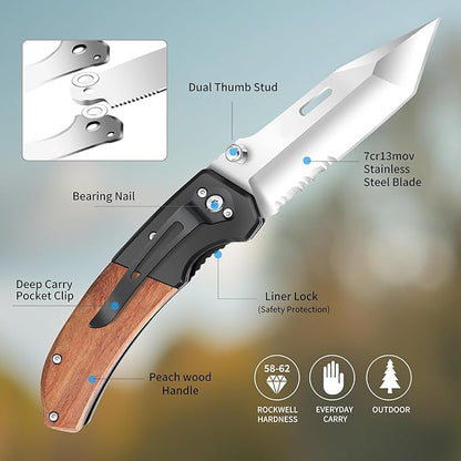 Vickay Pocket Knife, Folding Knife with Clip - 3.54″ Tanto Serrated Blade, Wood Handle EDC Knife for Men & Women, Outdoor Camping, Tactical, Hiking, Survival - Father’s Day Gift (Satin Silver)