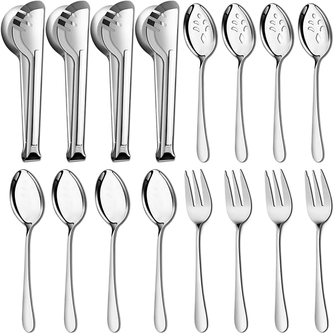 Pleafind 16 PCS Serving Utensils, Stainless Steel Serving Utensils Set with Serving Spoons, Slotted Serving Spoons, Serving Forks and Serving Tongs, Serving Utensils for Parties Buffet Banquet