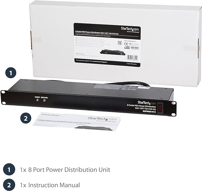 StarTech.com 8 Outlet Horizontal 1U Rack Mount PDU Power Strip